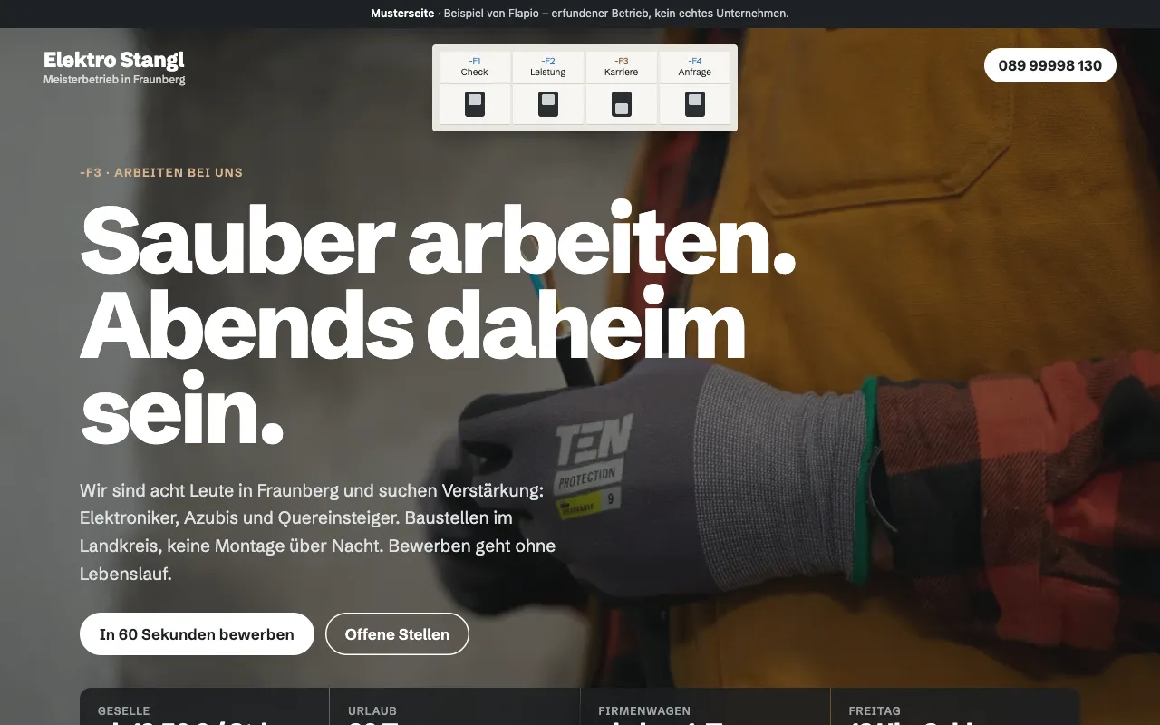 Karriereseite des erfundenen Betriebs Elektro Stangl am Computer: „Sauber arbeiten. Abends daheim sein.“